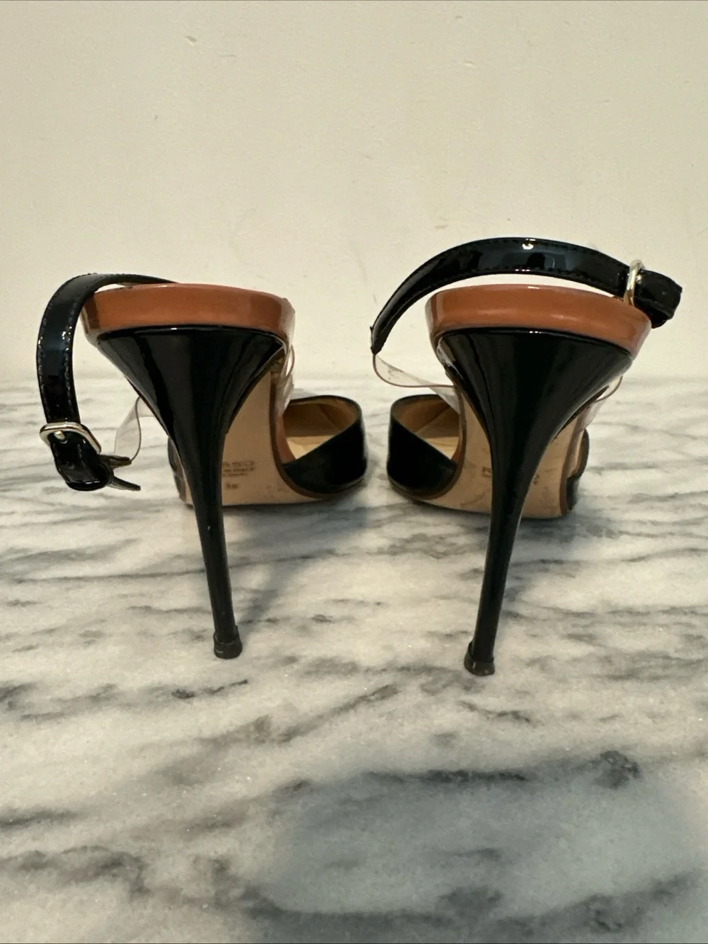 Francesco Russo Black Patent Pointed-Toe Slingback Heels Sz 38 Italy